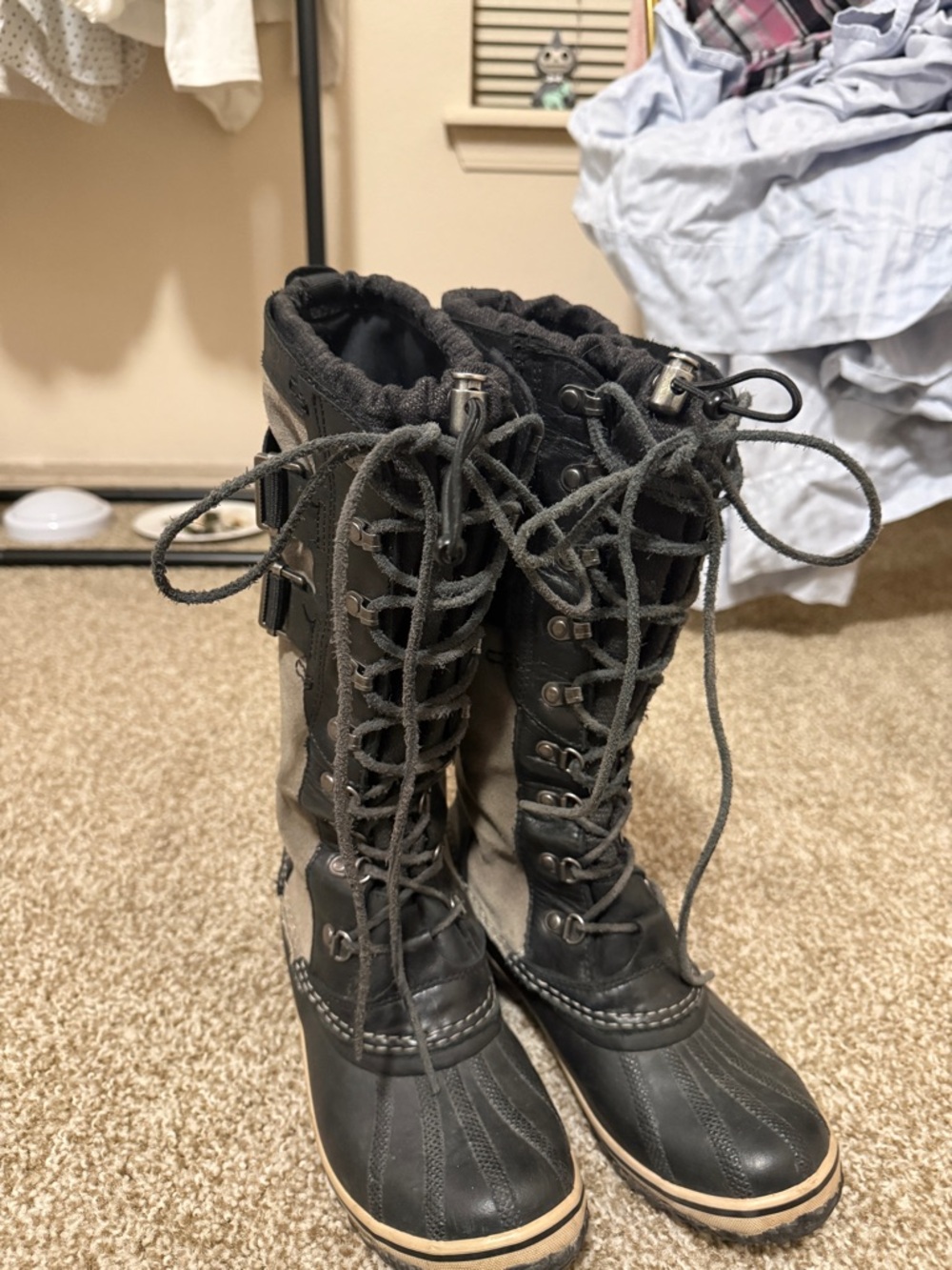 Sorel Black and Gray Tall Lace-Up Waterproof Winter Boots